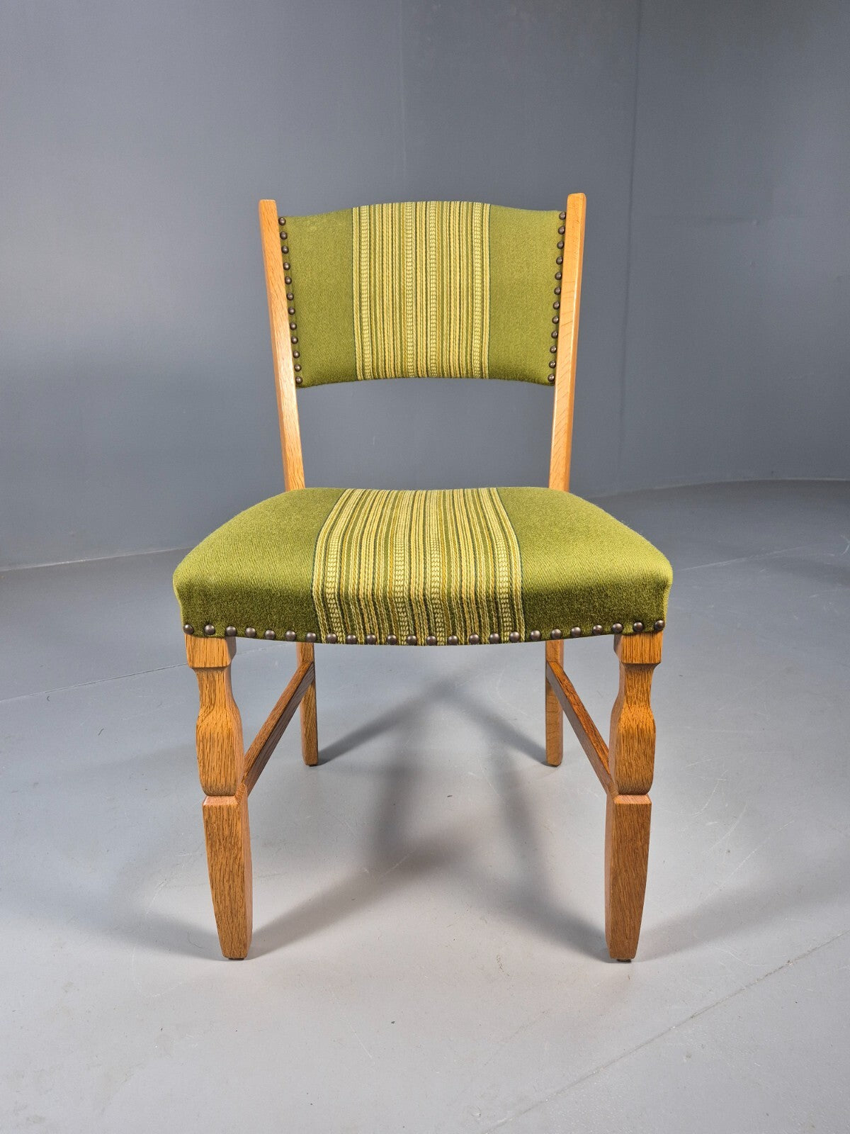 6 Kjaenulf Oak Danish Dinning Chairs Green Stripe Upholstery 1970s EB9536 MDIN - UKDK FURNITURE