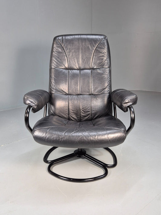 Vintage Danish Black Leather Vinyl Swivel Recline Chair 1980s Retro EB9311 MSWI - UKDK FURNITURE