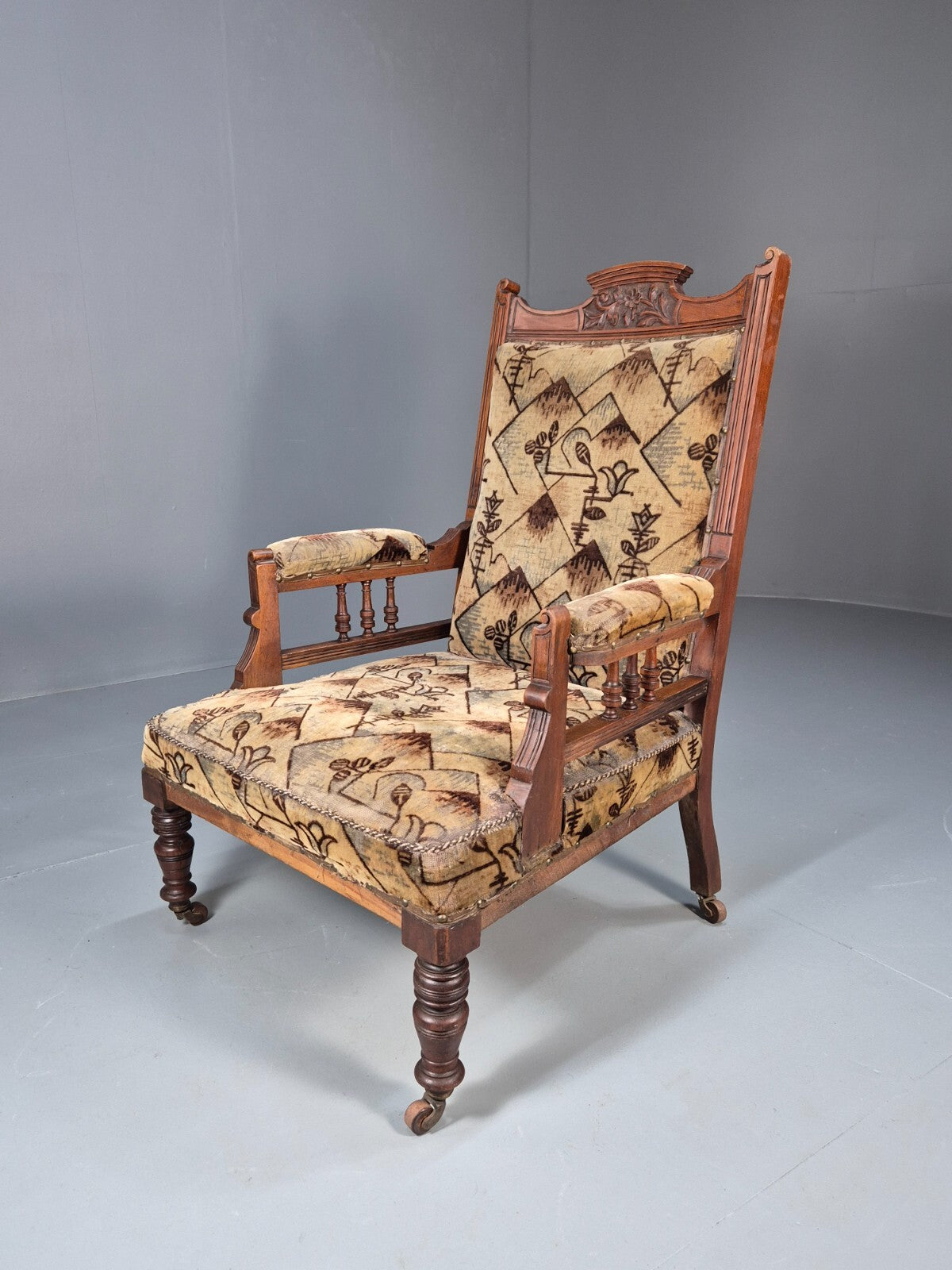 Antique Mahogany Library Chair Beige Geometric Fabric Edwardian EB9703 VCAR - UKDK FURNITURE