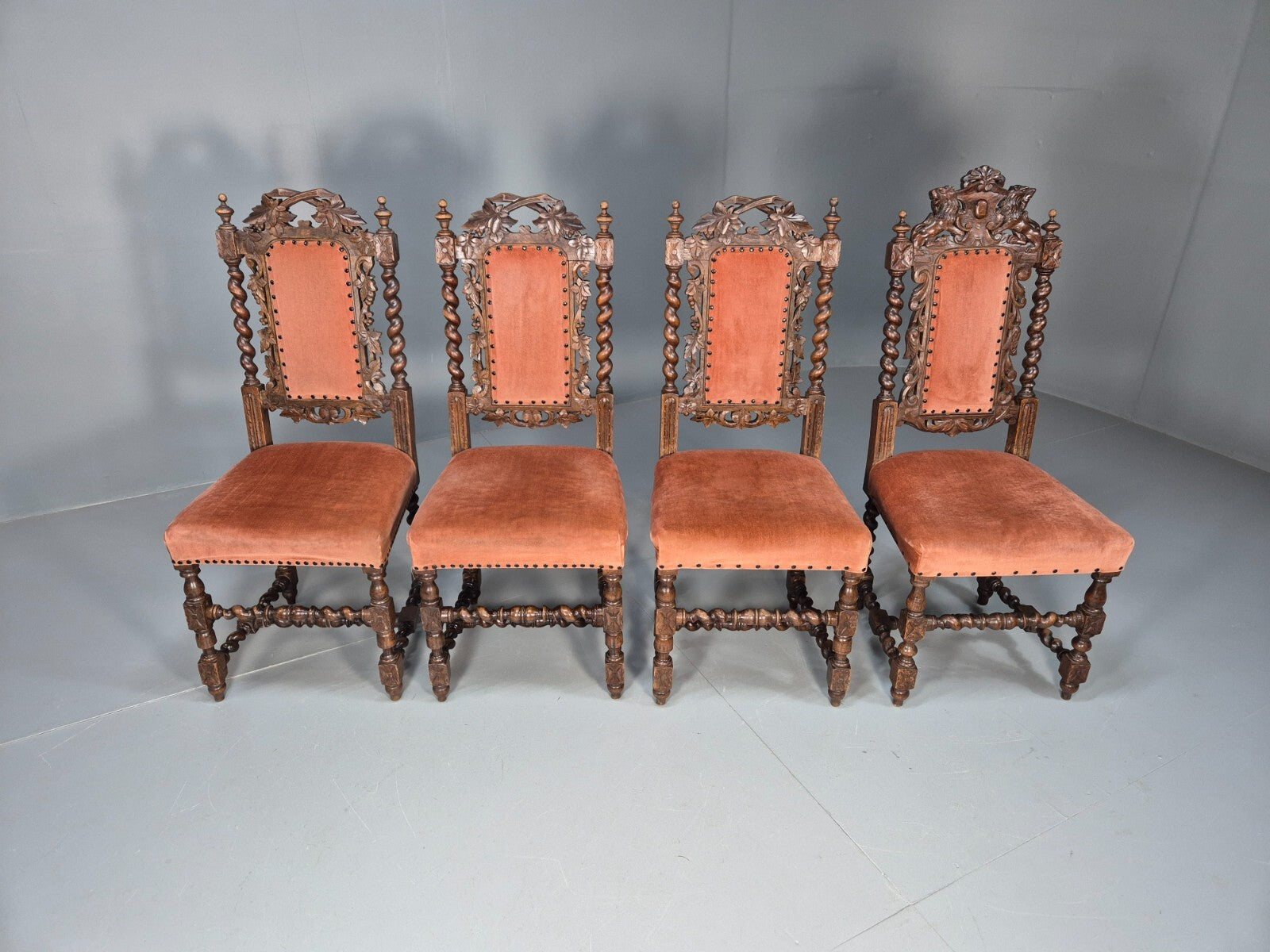 4 Vintage Antique Oak Dining Chairs Barley Twist Baroque 1900s EB9220 VCAR - UKDK FURNITURE