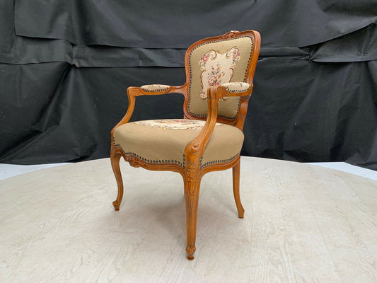 Danish Carved Beech & Beige Floral Wool Arm Chair Vintage Lounge EB2515 VCAR - UKDK FURNITURE