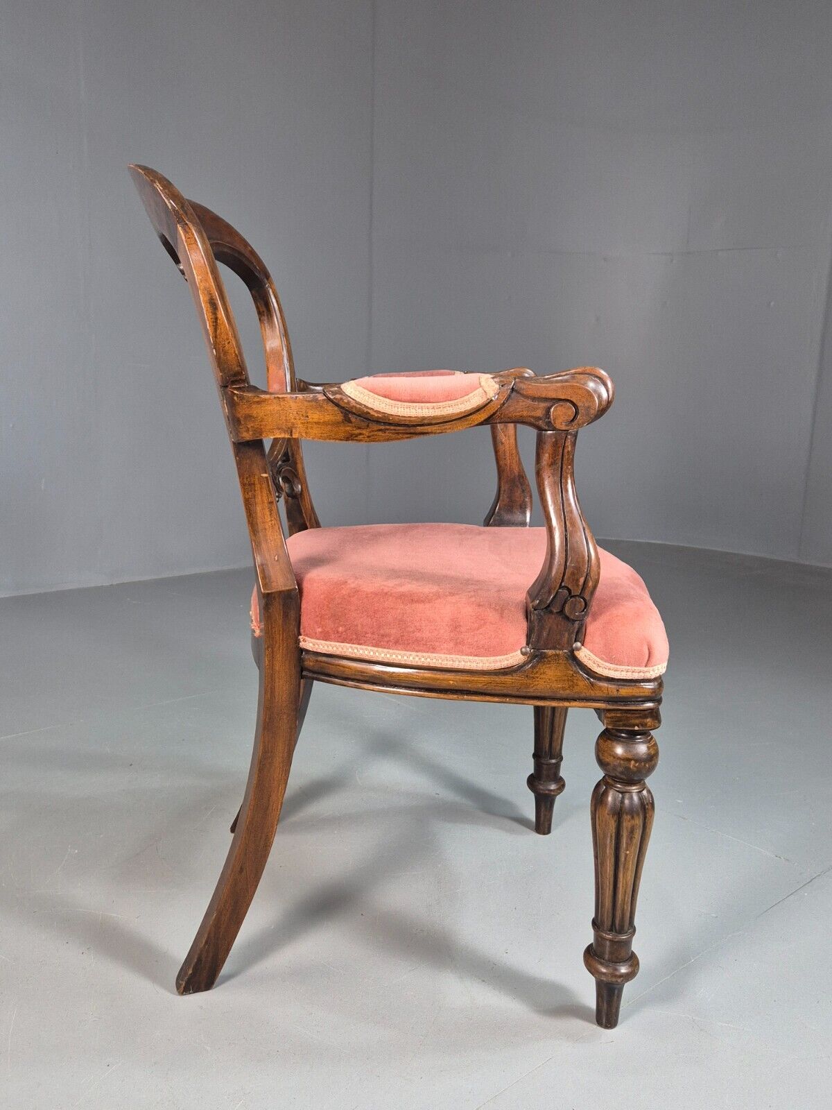 Vintage Elbow Chair Pink Velour Mahogany Frame Balloon Back Antique EB7861 VCAR - UKDK FURNITURE