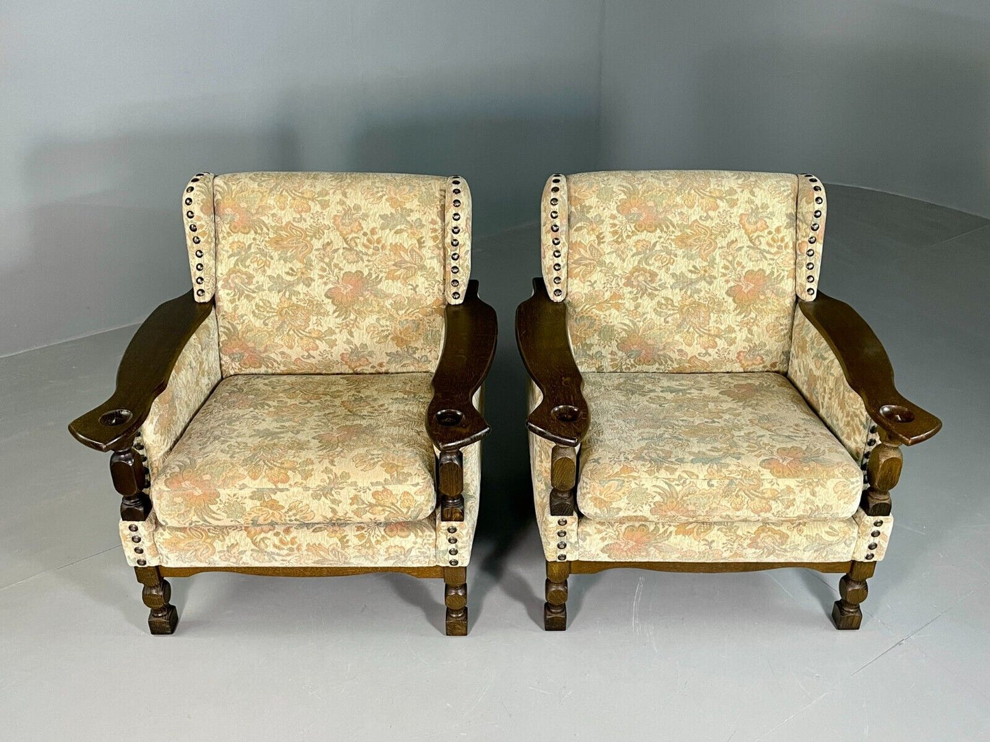 2 Vintage Danish Lounge Chairs Floral Cotton Oak Frame Retro EB6690 MNOR - UKDK FURNITURE
