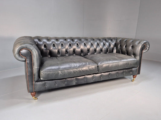 A Vintage Chesterfield Faded Black Leather 3 Seat Quality Build EB9161 VCHE - UKDK FURNITURE