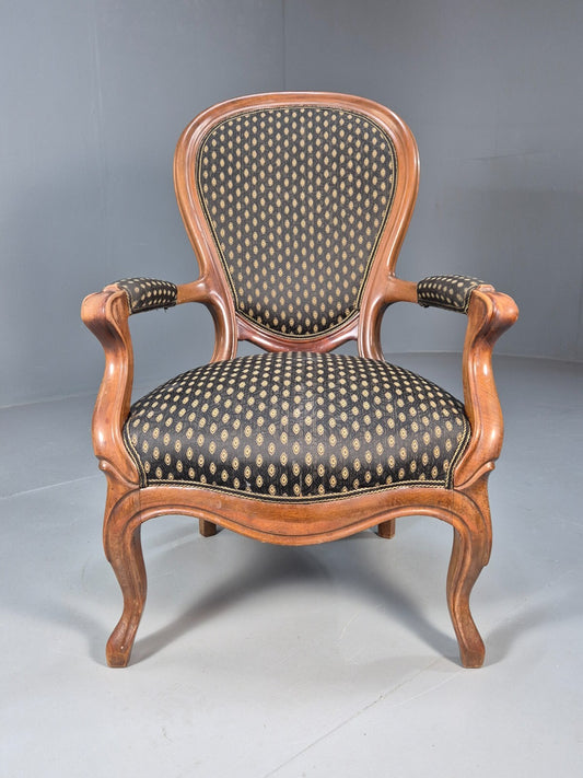 Antique Mahogany Armchair Black Pattern Fabric Louis XV French Style EB9552 VCLO - UKDK FURNITURE