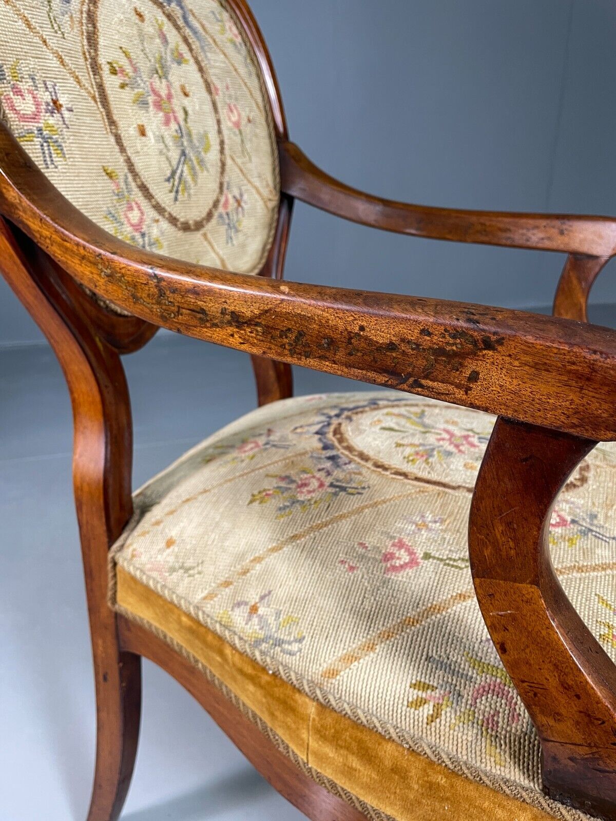 Vintage Danish Fauteuil Chair Mahogany Floral Tapestry Antique EB6453 VCLO - UKDK FURNITURE