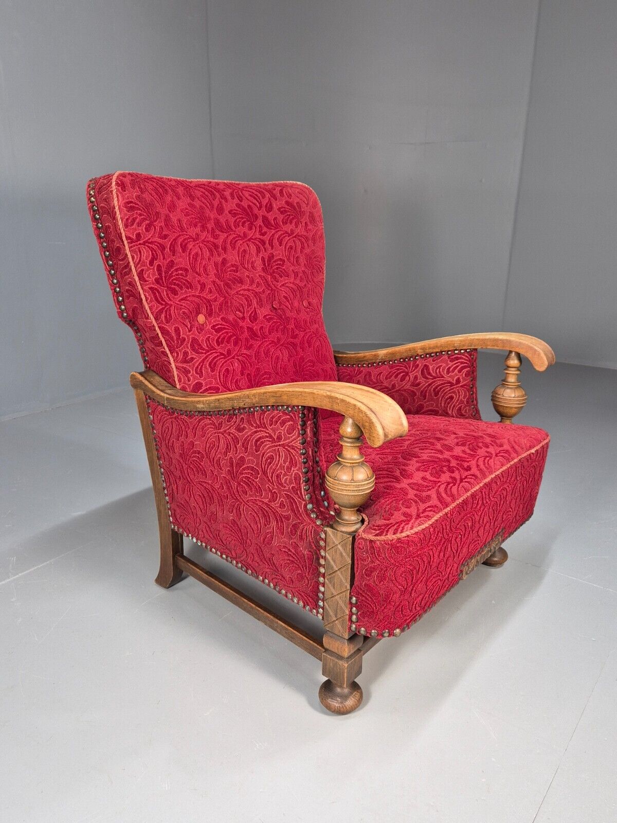 Vintage Danish Lounge Chair Red Moquette Oak Frame 1940s Retro EB8937 VCLO - UKDK FURNITURE