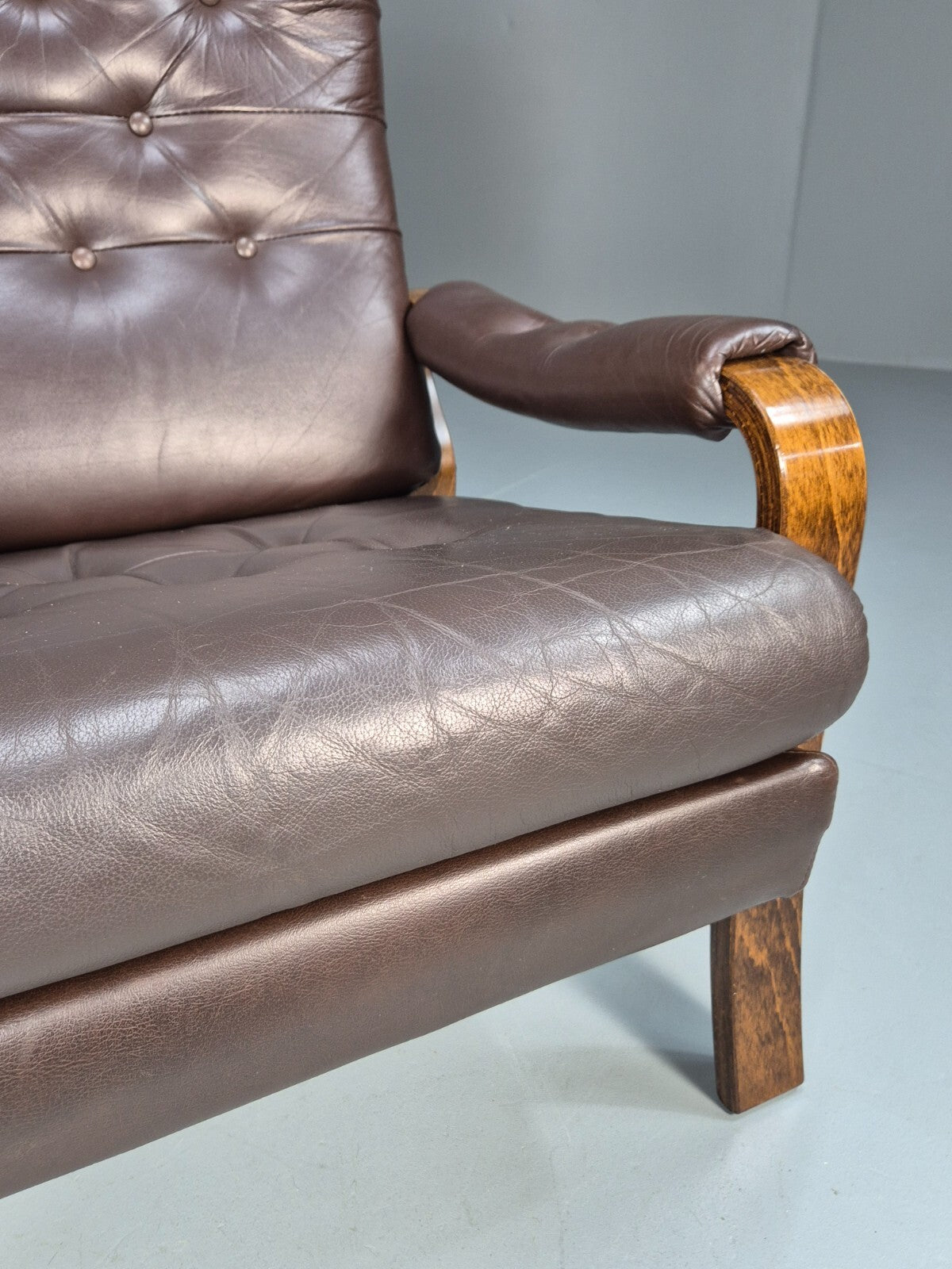 Vintage Danish Brown Leather Lounge Chair Bentwood Frame 1970s Retro EB9287 MNOR - UKDK FURNITURE