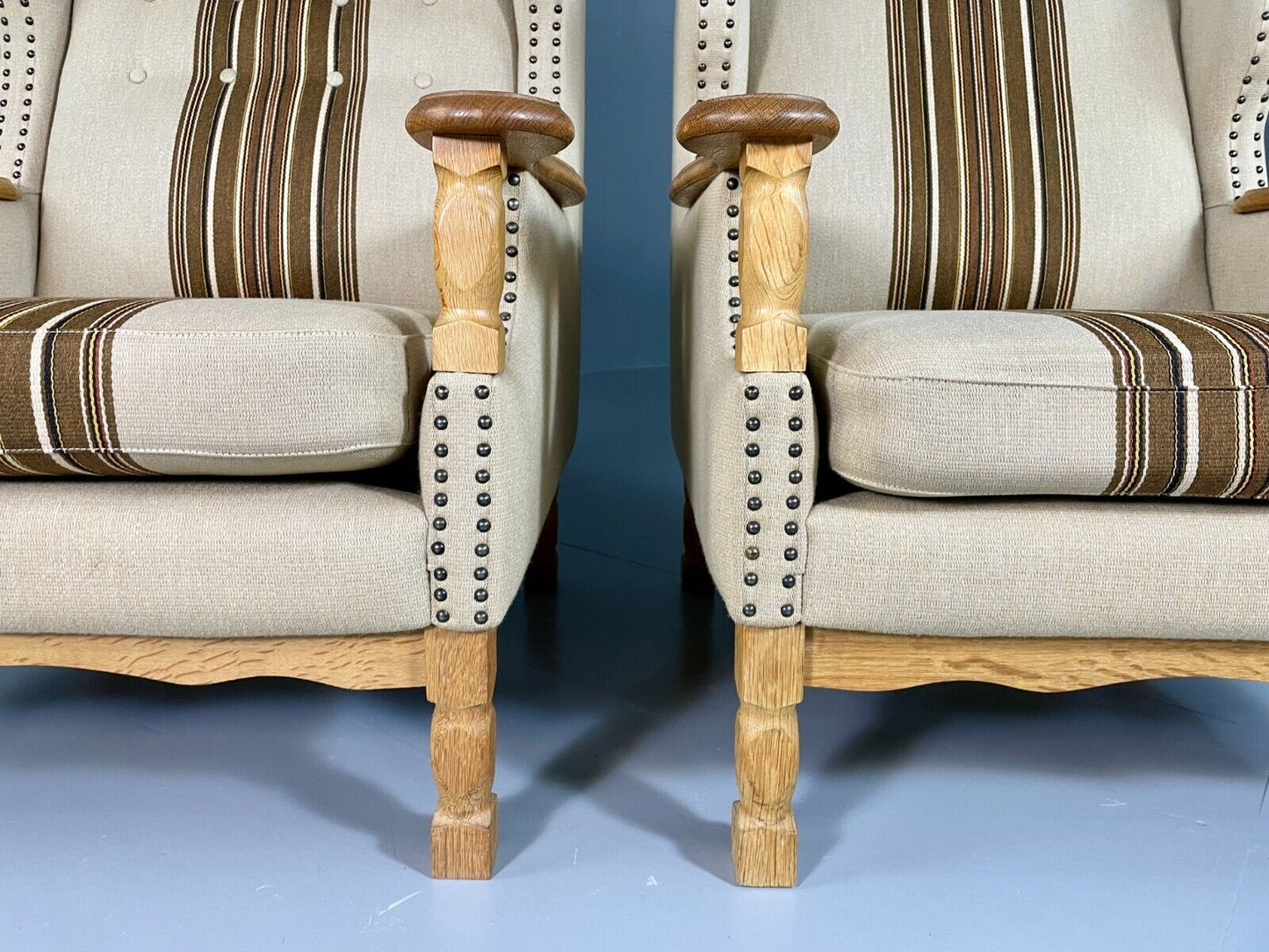 EB6491 Vintage Danish Pair of Armchairs Oak Frame Cream and Brown Fabric VCLO - UKDK FURNITURE