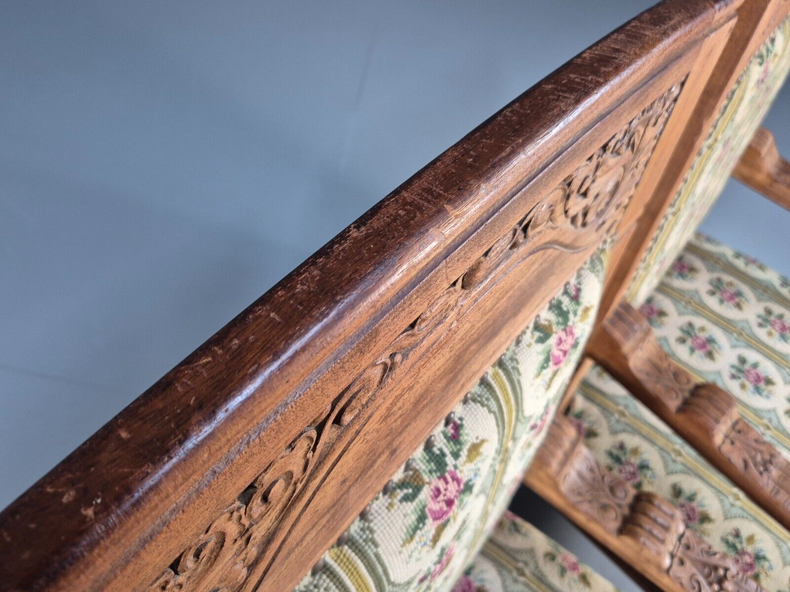 2 Vintage Danish Lounge Chairs Floral Embroidery Oak Frame Antique EB8916 VCAR - UKDK FURNITURE