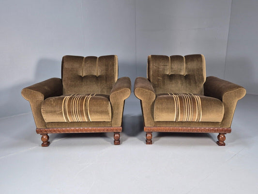 2 Vintage Danish Lounge Chairs Green Velour Oak Frame 1970s Retro EB9027 MNOR - UKDK FURNITURE