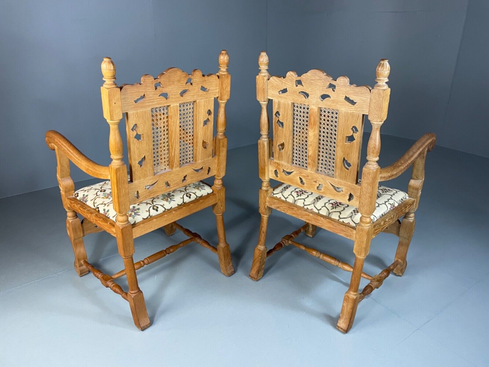 EB5172 2 Vintage Danish Carved Oak Elbow Chairs. Carolean Style, Antique VCAR - UKDK FURNITURE