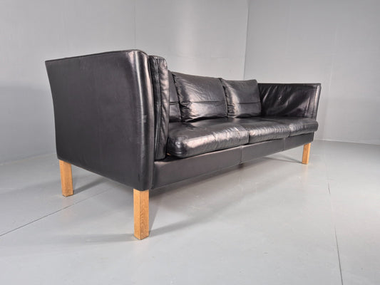 Vintage 3 Seat Sofa Danish Black Leather Mid Century Retro 1980s EB10471 M3SS1
