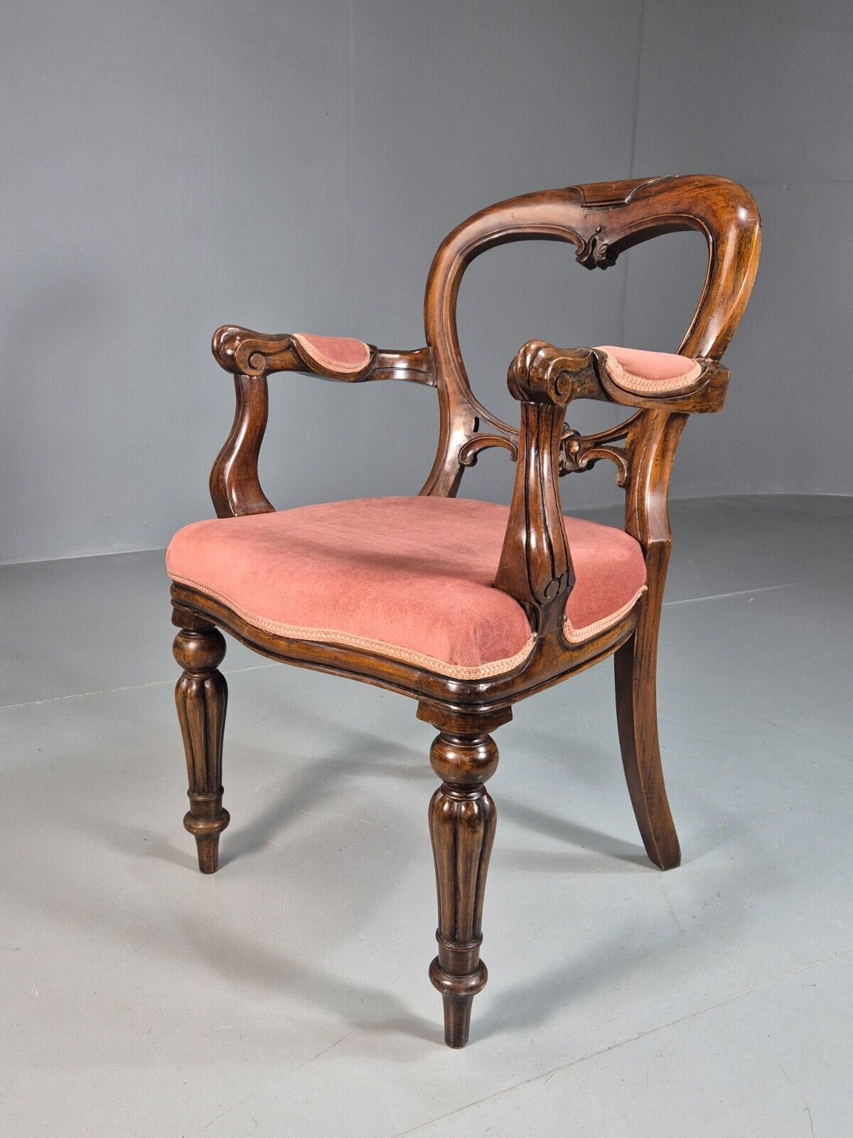 Vintage Elbow Chair Pink Velour Mahogany Frame Balloon Back Antique EB7861 VCAR - UKDK FURNITURE