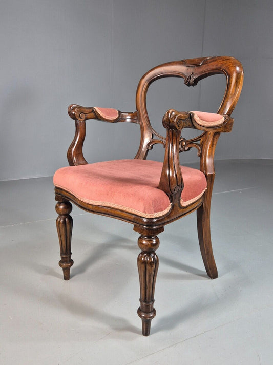 Vintage Elbow Chair Pink Velour Mahogany Frame Balloon Back Antique EB7861 VCAR - UKDK FURNITURE