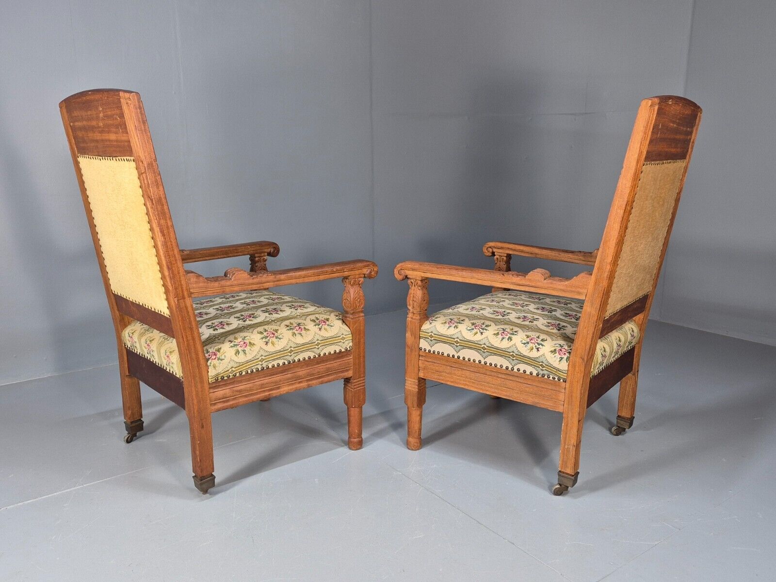 2 Vintage Danish Lounge Chairs Floral Embroidery Oak Frame Antique EB8916 VCAR - UKDK FURNITURE