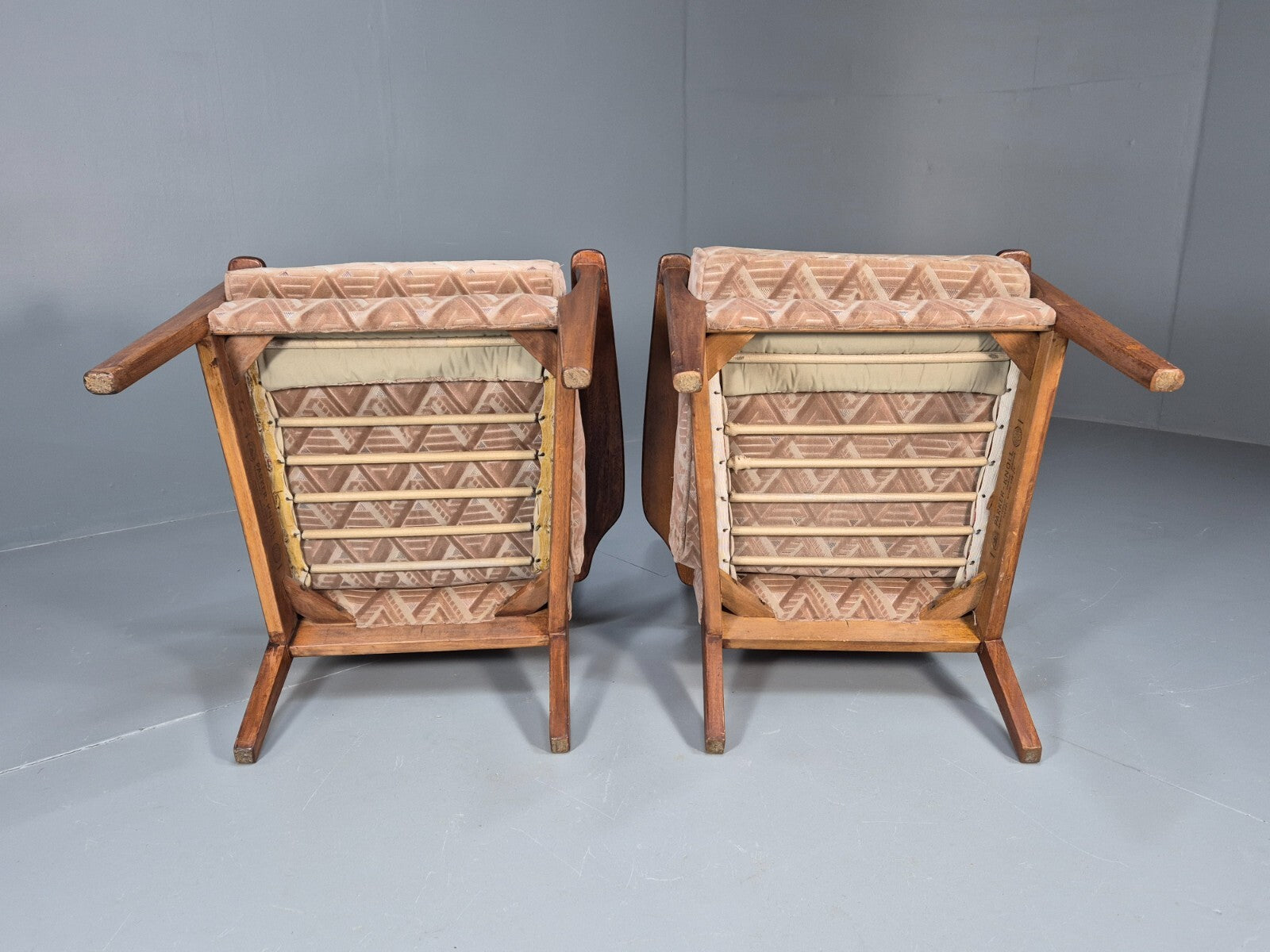 Vintage Parker Knoll Armchairs Pair Deco Pink Fabric Stained Beech EB8866 MCLO - UKDK FURNITURE
