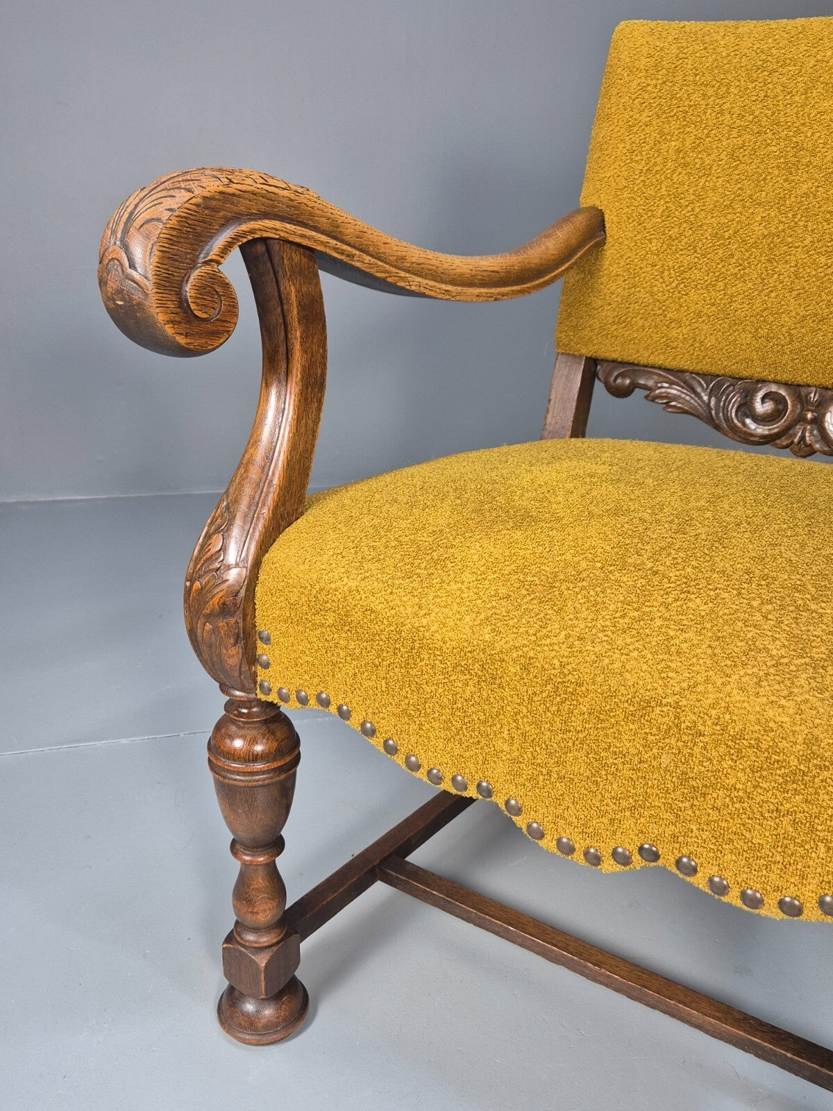 Vintage Danish Elbow Chair Yellow Carved Oak Frame 18th C Style EB9654 VCLO - UKDK FURNITURE