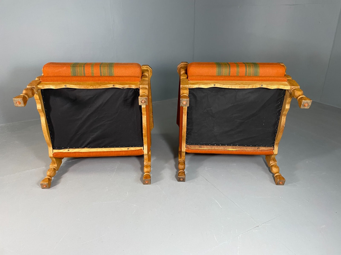 2 Vintage Danish Lounge Chairs Orange Green Oak Kjaernulf Retro MCM EB6716 MNOR - UKDK FURNITURE