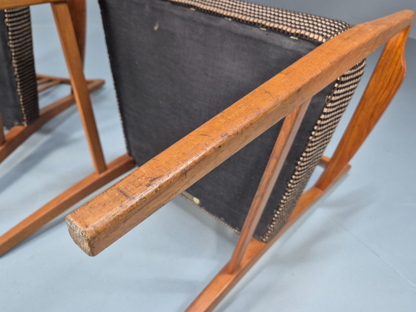2 Gordon Russell Carver Dining Chairs Teak Green and Cream Wool MCM EB9748 MDIN - UKDK FURNITURE