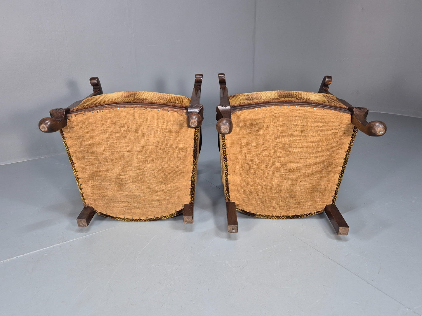 Pair Art Deco Tub Chairs Bergere Back Oak Frame Brown Velour 1930s EB10696 VCAR7