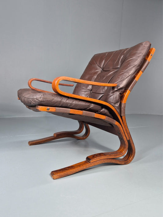 Vintage Skyline Lounge Chair Brown Leather 1970s Retro MCM Bentwood EB11326 MBEN1