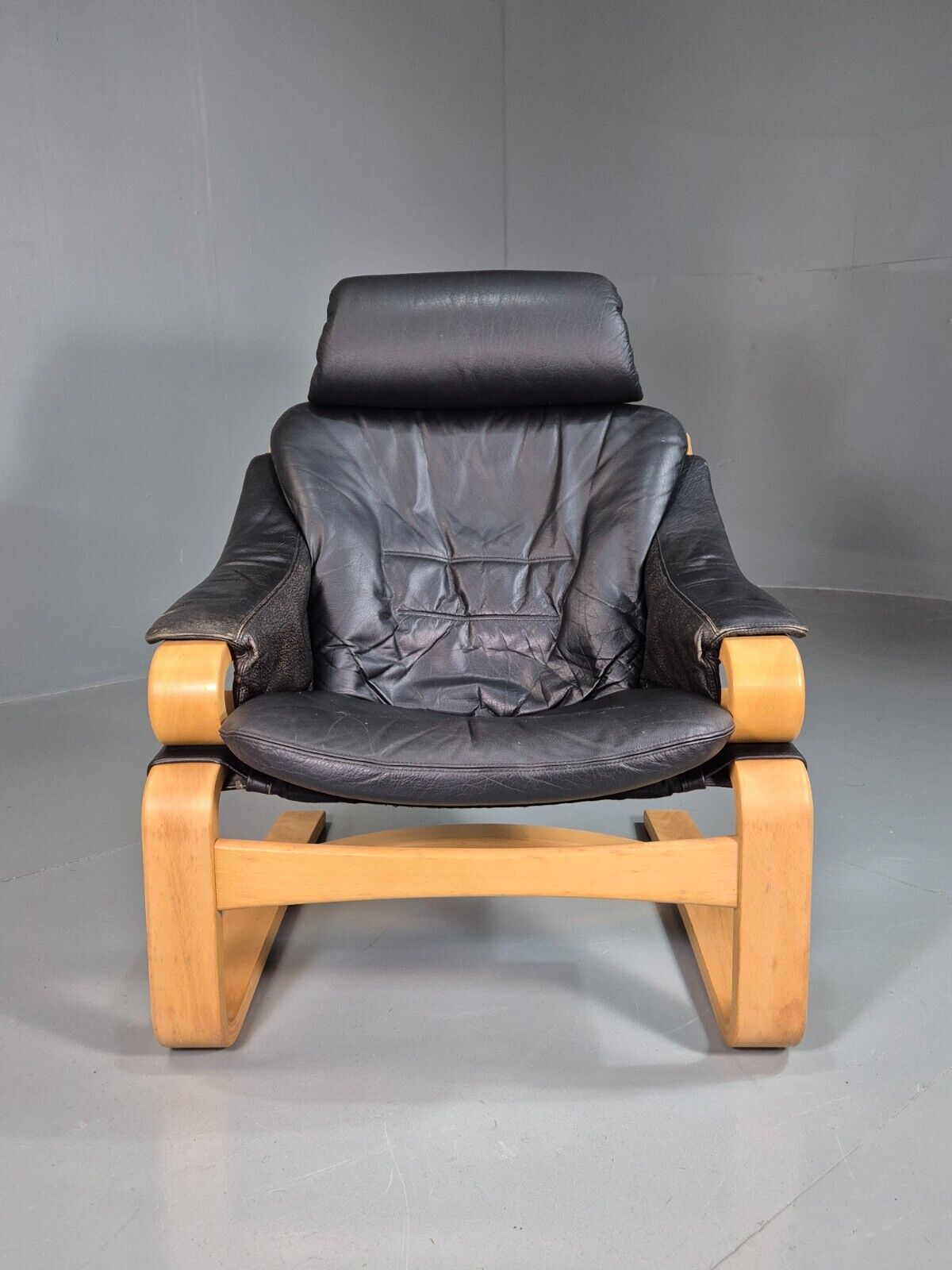 Vintage Danish Lounge Chair Black Leather Bentwood Skippers Retro EB7591 MBEN - UKDK FURNITURE