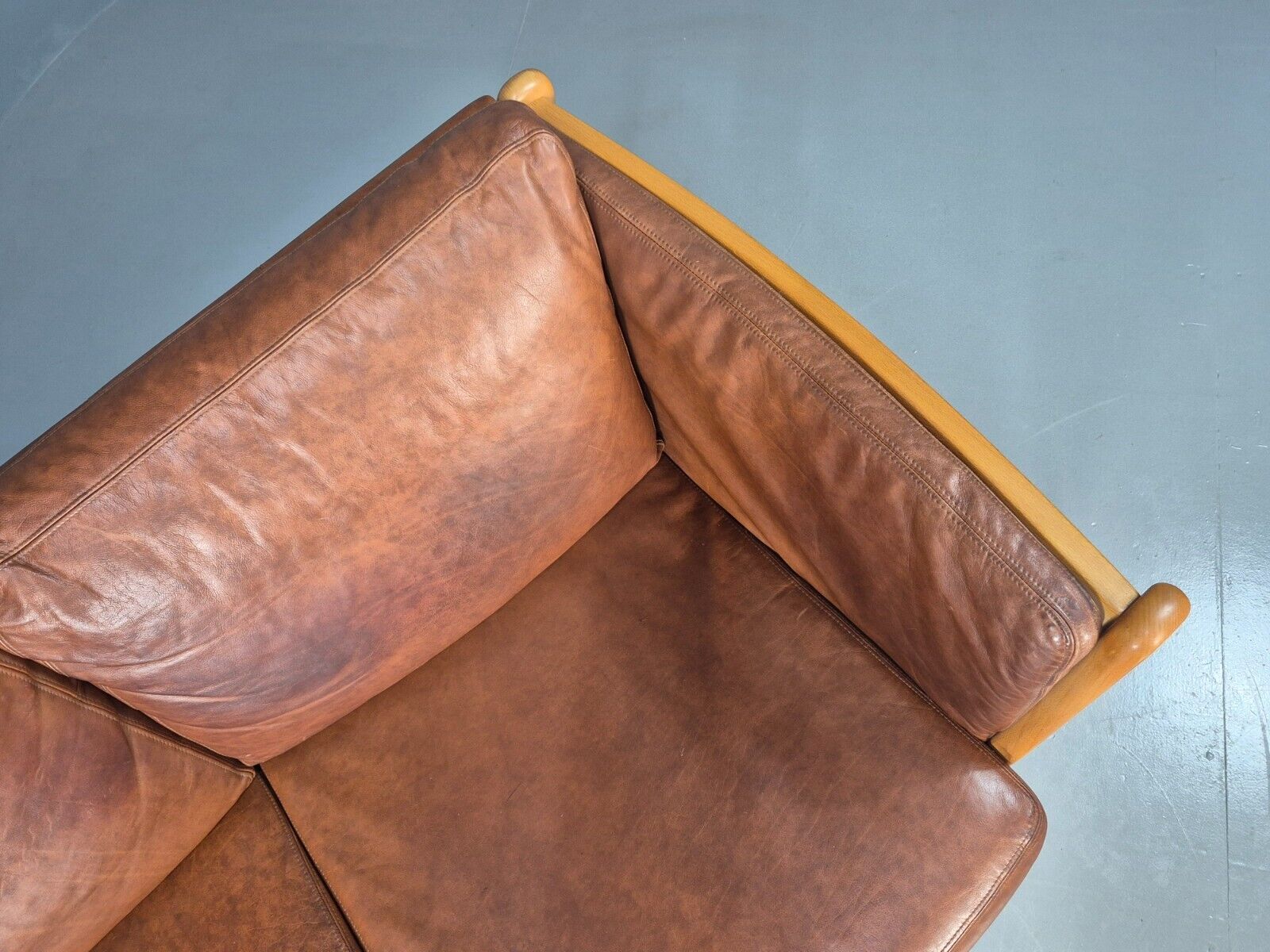 Vintage Danish 3 Seat Sofa Tan Leather Beech Ends Stouby Style MCM EB8751 M3SS - UKDK FURNITURE