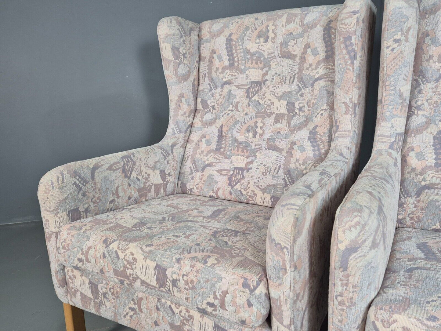 2 Vintage Danish Wing Back Lounge Chairs Cotton 1980s Fabric Retro EB8289 MNOR - UKDK FURNITURE
