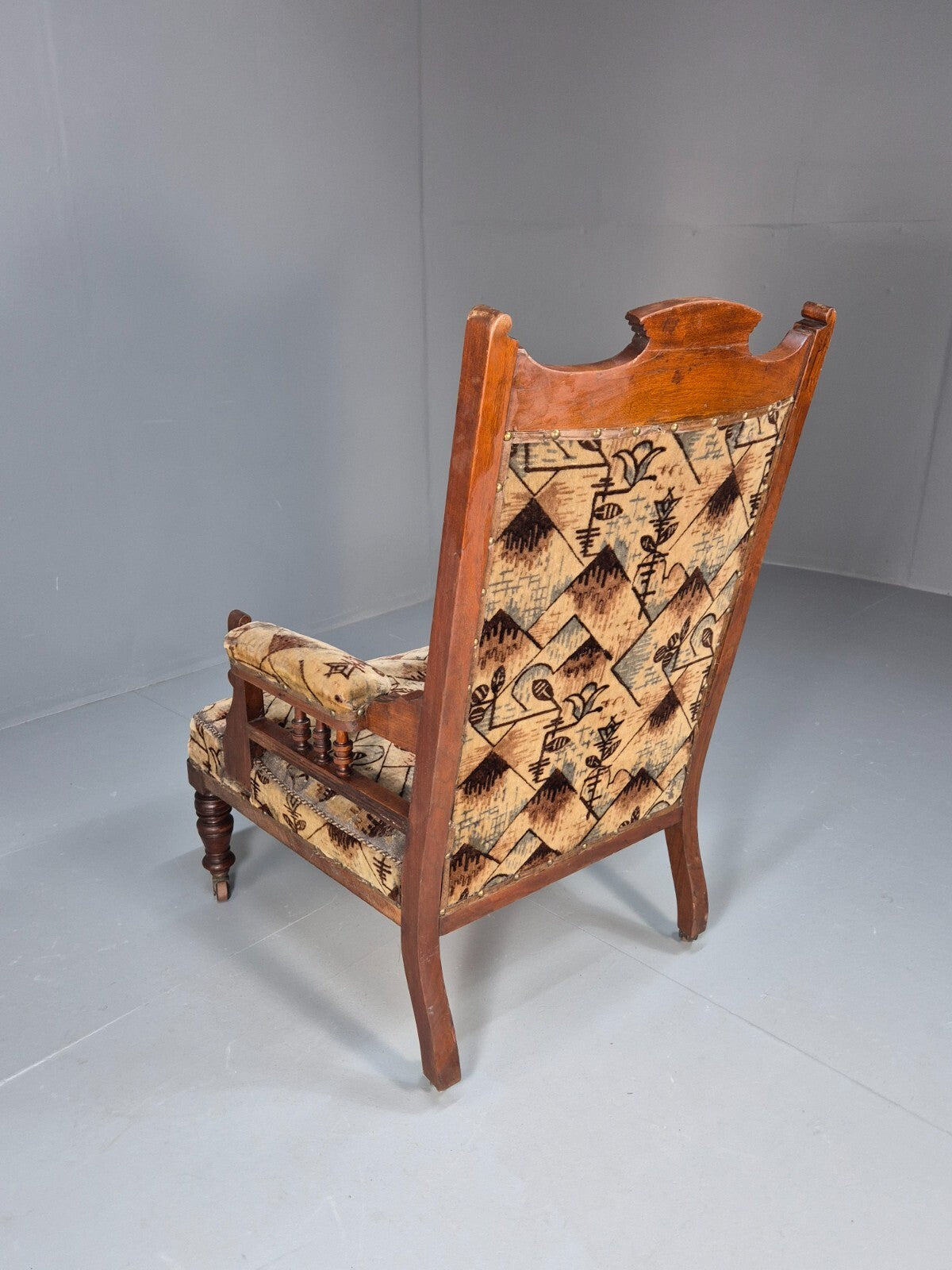 Antique Mahogany Library Chair Beige Geometric Fabric Edwardian EB9703 VCAR - UKDK FURNITURE