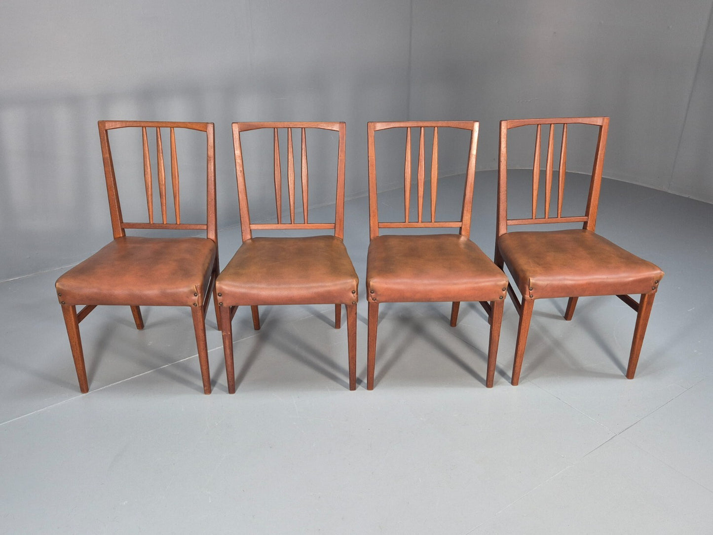 4 Gordon Russell Teak Dining Chairs Brown Vinyl 1960s Retro MCM EB9681 MDIN - UKDK FURNITURE