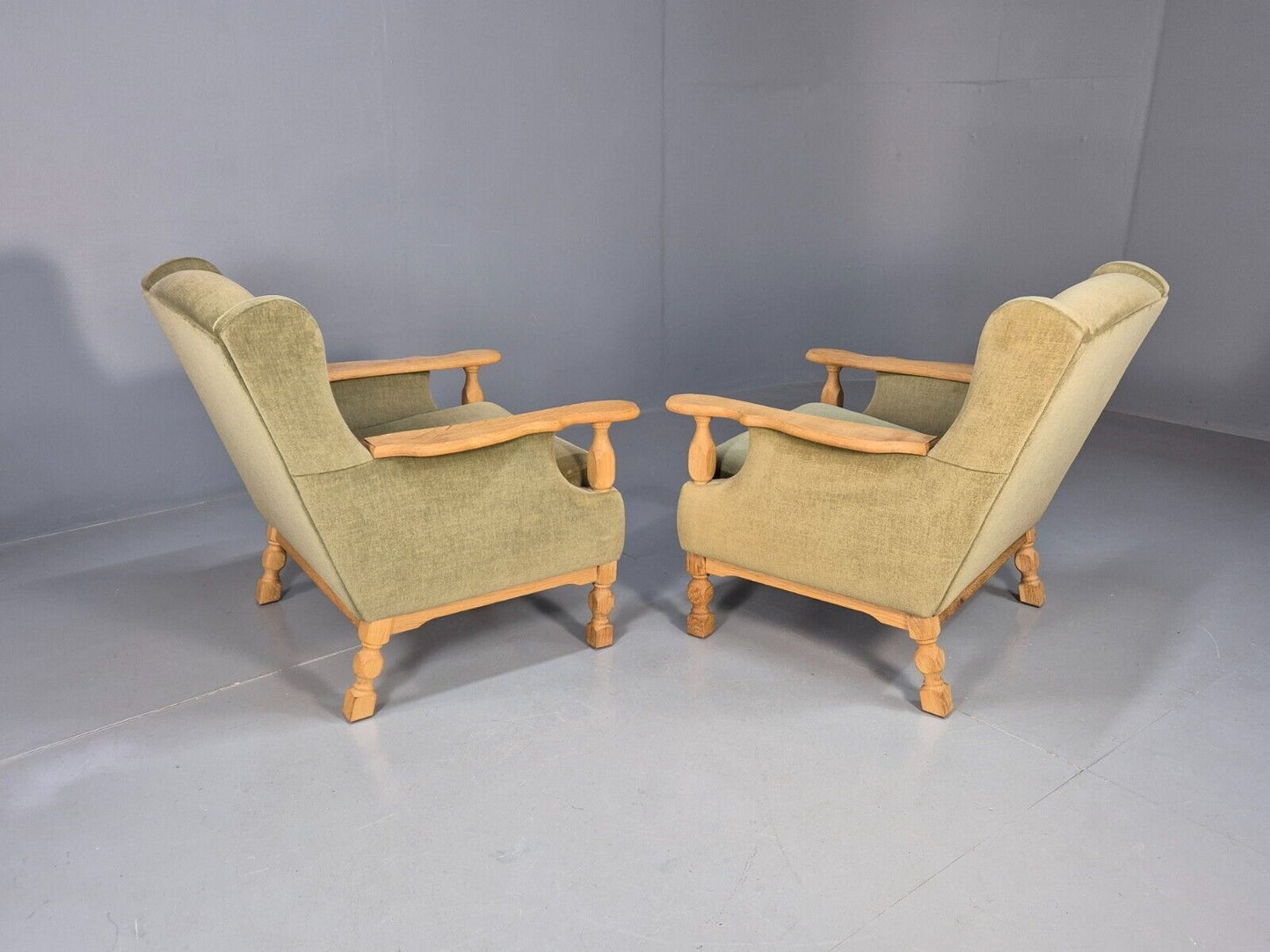 2 Vintage Danish Lounge Chairs Green Oak Frame Kjearnulf Retro 1970s EB8279 MNOR - UKDK FURNITURE