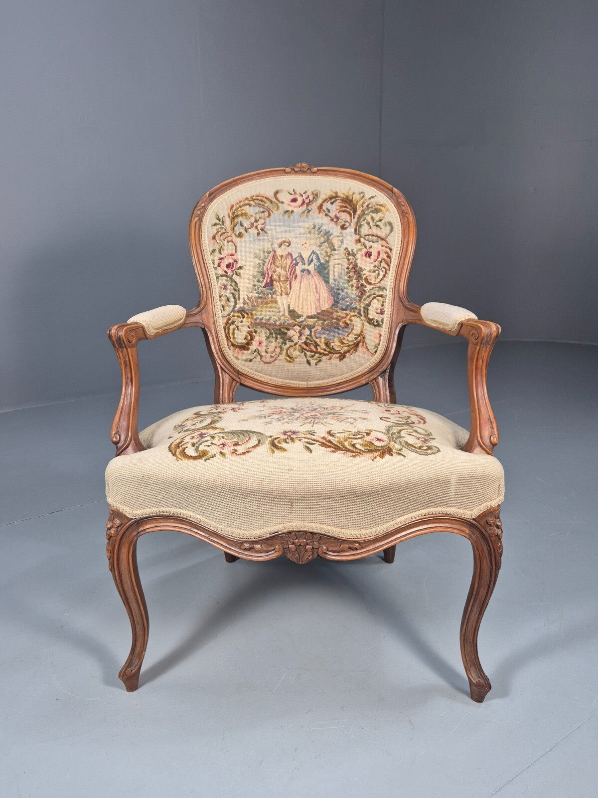 Antique Danish Lounge Chair Embroidered Lovers Tapestry French Style EB9637 VCAR - UKDK FURNITURE