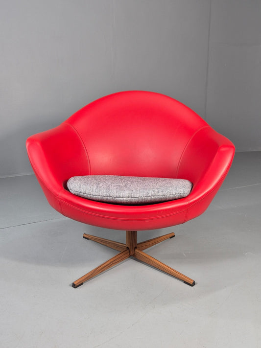 Vintage 1960s Swivel Chair Red Vinyl Grey Cushion Mid Century EB11706 MSWI1