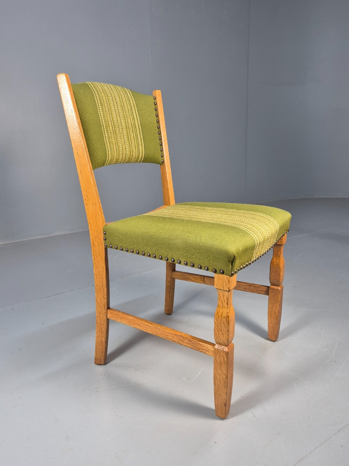 6 Kjaenulf Oak Danish Dinning Chairs Green Stripe Upholstery 1970s EB9536 MDIN - UKDK FURNITURE