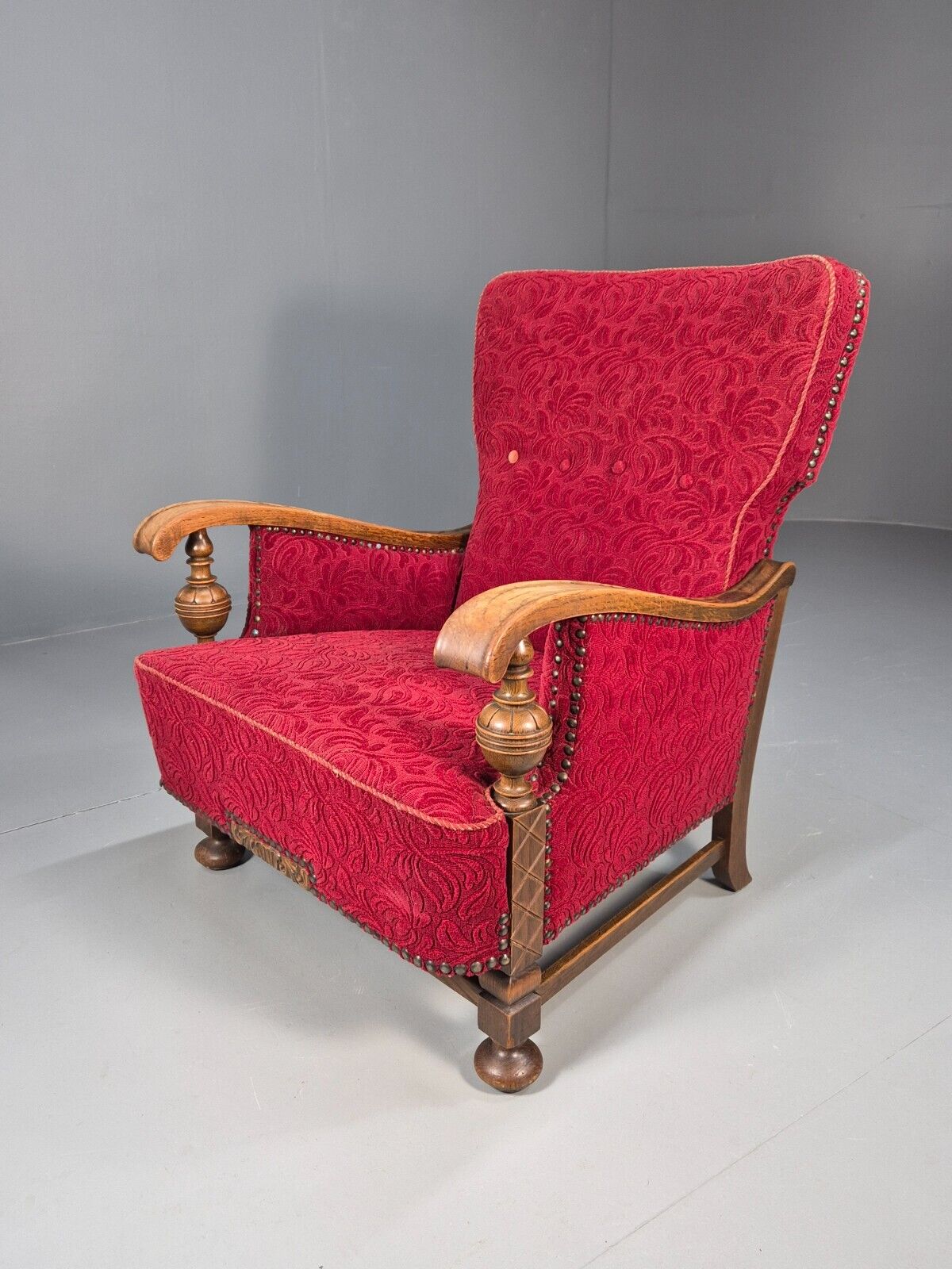 Vintage Danish Lounge Chair Red Moquette Oak Frame 1940s Retro EB8937 VCLO - UKDK FURNITURE