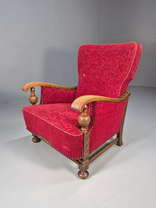 Vintage Danish Lounge Chair Red Moquette Oak Frame 1940s Retro EB8937 VCLO - UKDK FURNITURE