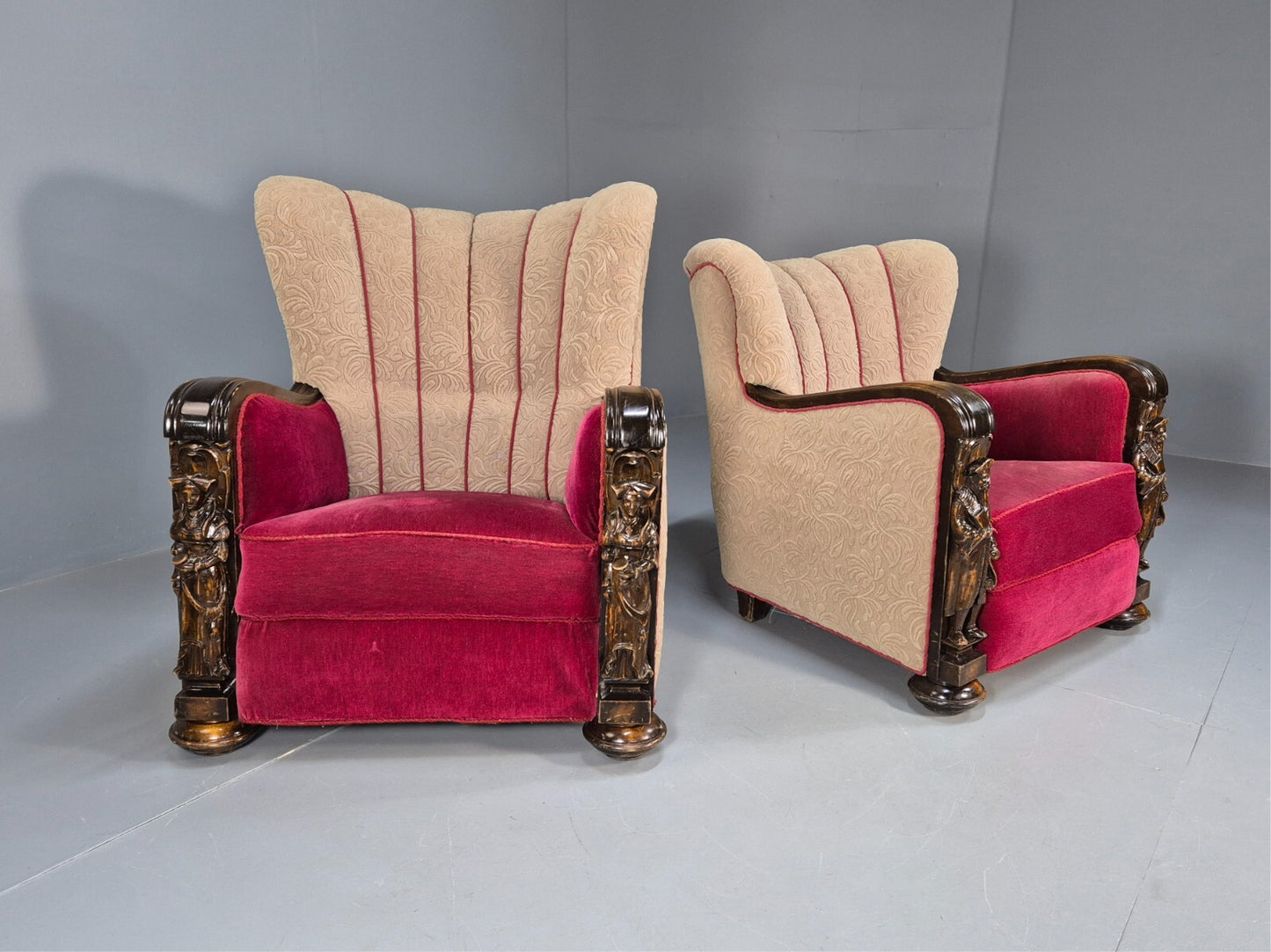 Art Deco Style Armchairs Pair Carved Oak Figures Creme Red Velour EB9586 VCAR - UKDK FURNITURE