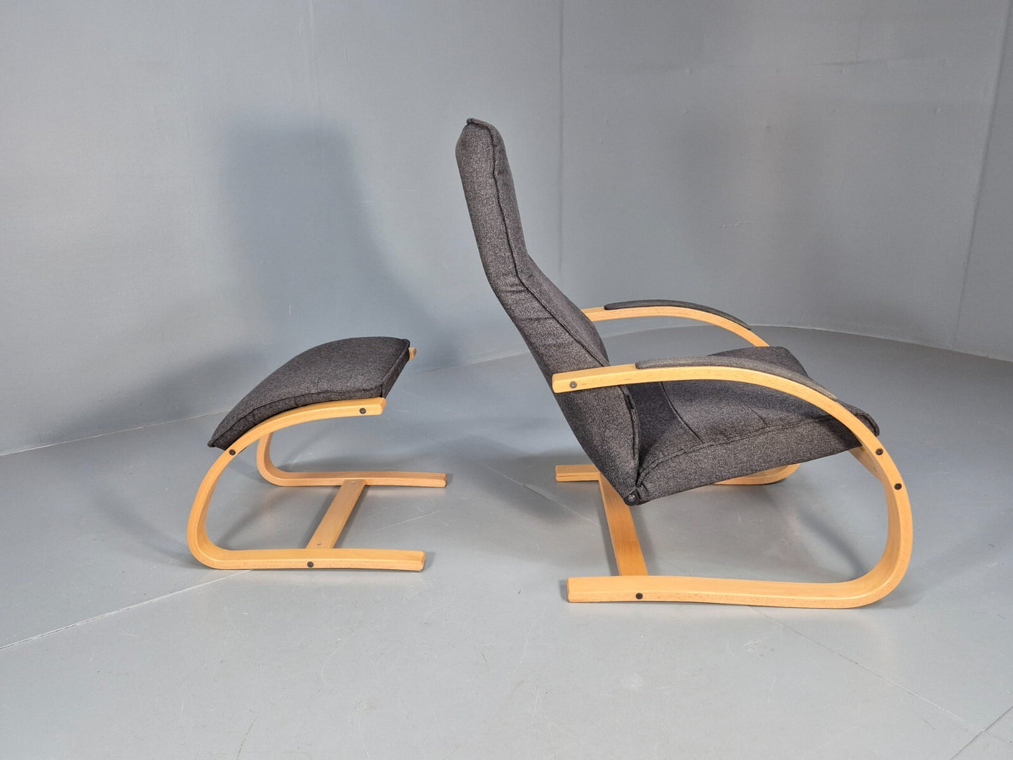 Vintage Danish Bentwood Chair and Footstool Verikon Grey Wool Retro EB9686 MBEN - UKDK FURNITURE
