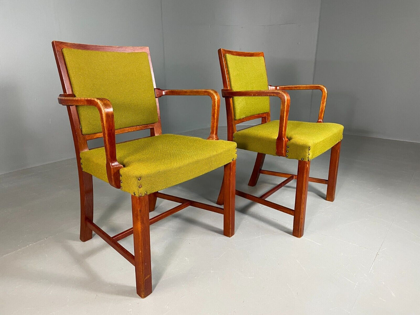 EB6737 2 Vintage Danish Elbow Chairs Green Beechwood Retro MCM MDIN - UKDK FURNITURE