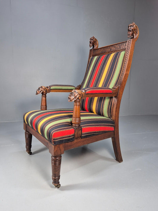 Vintage Danish Lounge Chair Multicoloured Carved Oak Figures Antique EB8951 VCLO - UKDK FURNITURE