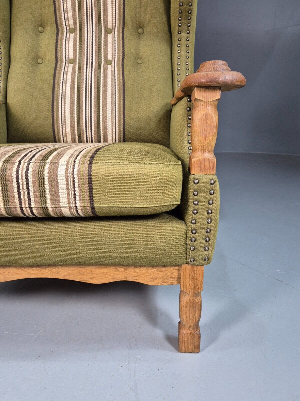 Vintage Danish Green Striped Wingback Armchair Oak Studded Skippers EB8044 MNOR - UKDK FURNITURE