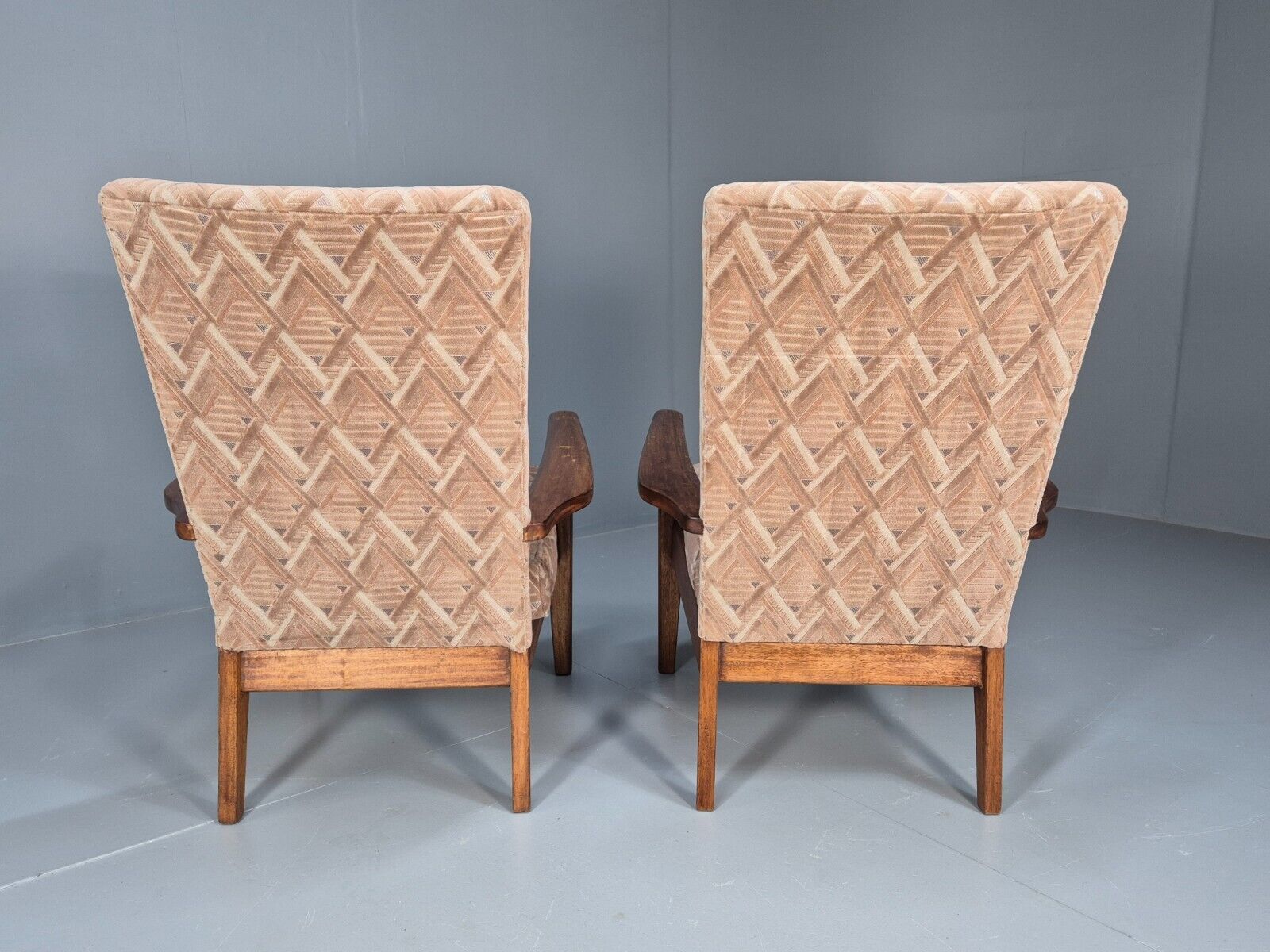 Vintage Parker Knoll Armchairs Pair Deco Pink Fabric Stained Beech EB8866 MCLO - UKDK FURNITURE
