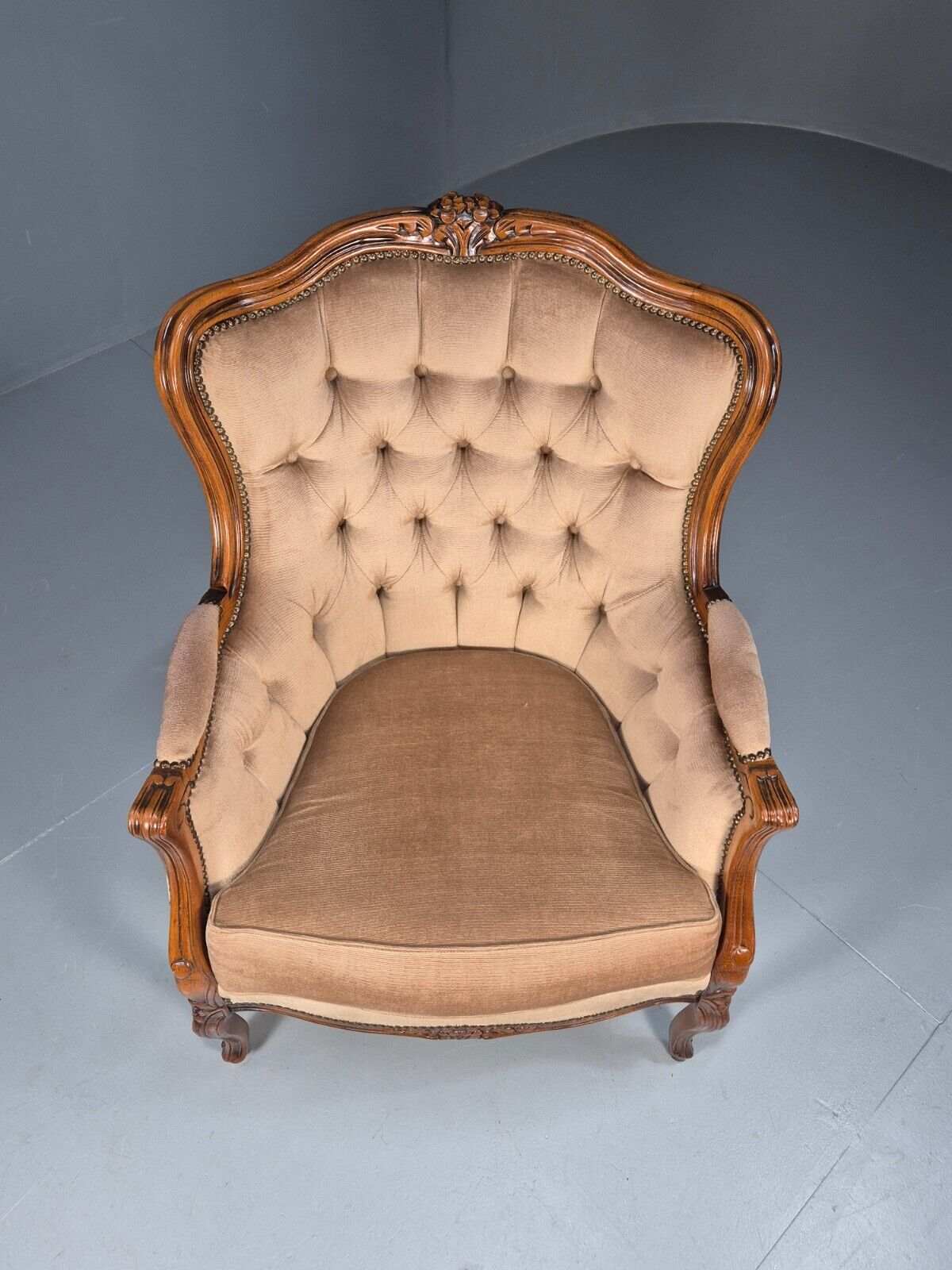 Vintage Danish Lounge Chair Beige Velour Beech Antique French Style EB8930 VCLO - UKDK FURNITURE