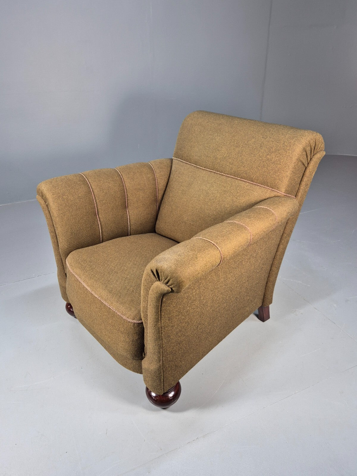 Vintage Danish Lounge Chair Green Wool Upholstery Bun Feet 1920s EB9006 VCLO - UKDK FURNITURE