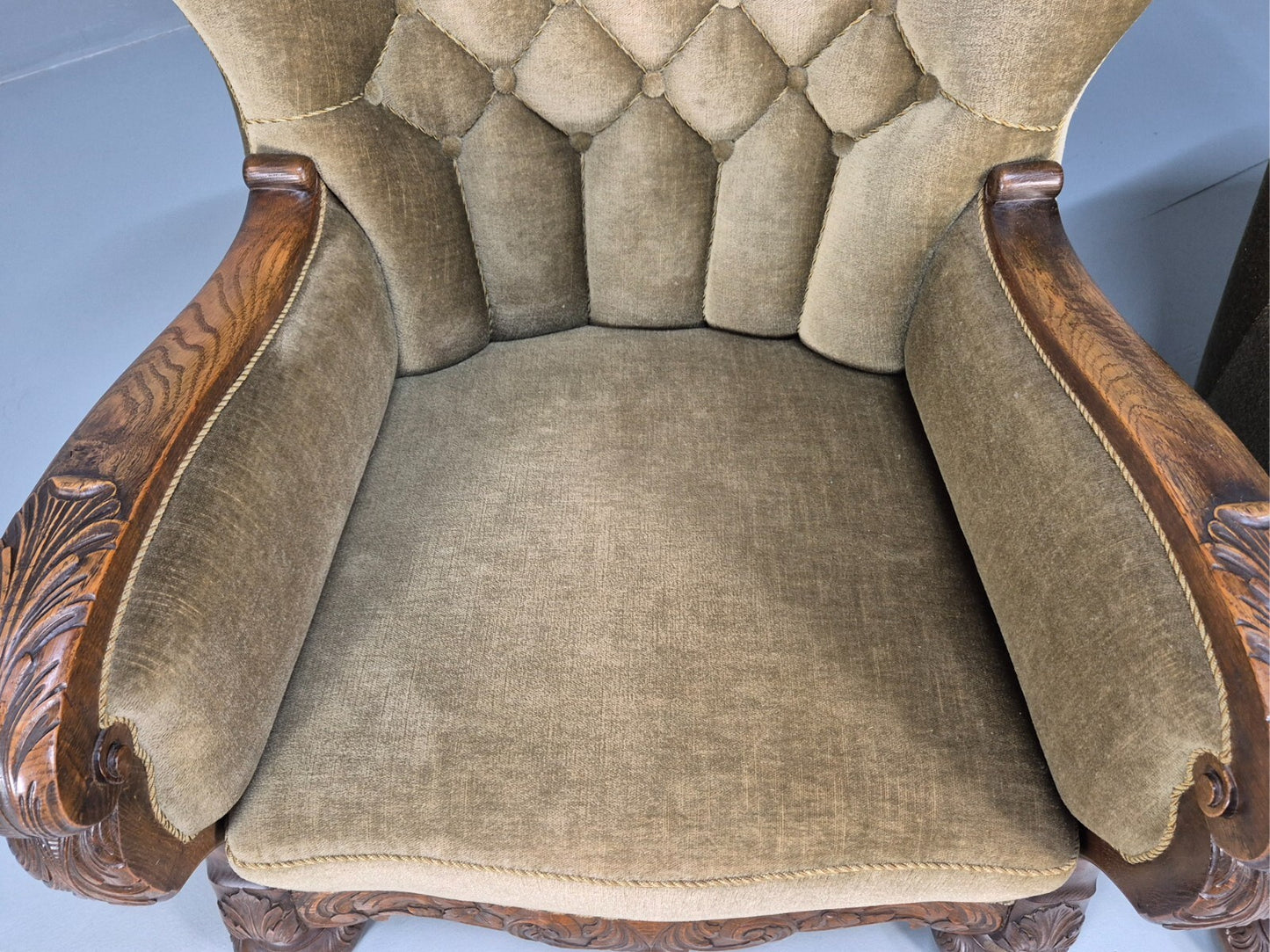 2 Antique Carved oak Danish Lounge Chairs Mink Velour Fan Back 1930s EB9557 VCLO - UKDK FURNITURE