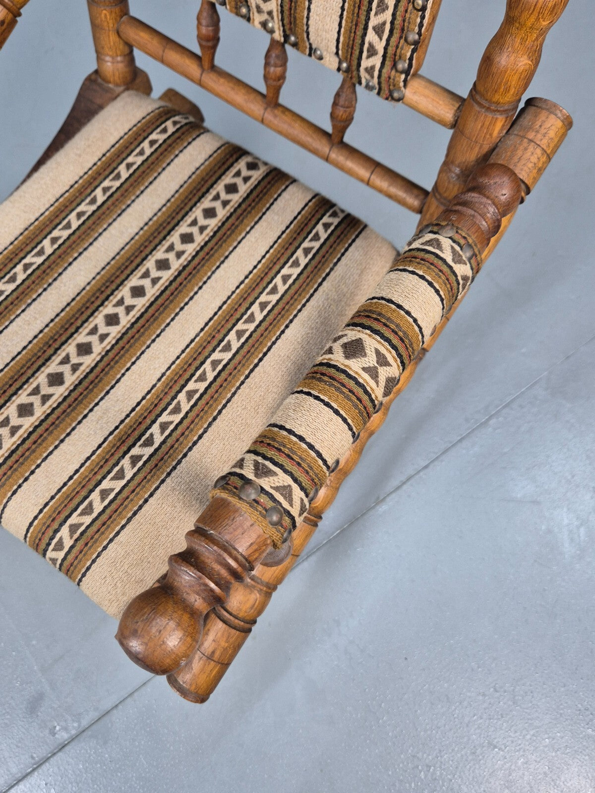 Vintage Childs American Style Rocking Chair Oak and Stripe Wool EB9577 MNOR - UKDK FURNITURE