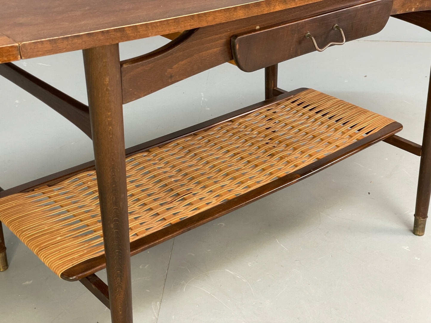 Vintage Walnut Extending Coffee Table Rattan Shelf Drawers 1950s EB9441 MWOO - UKDK FURNITURE