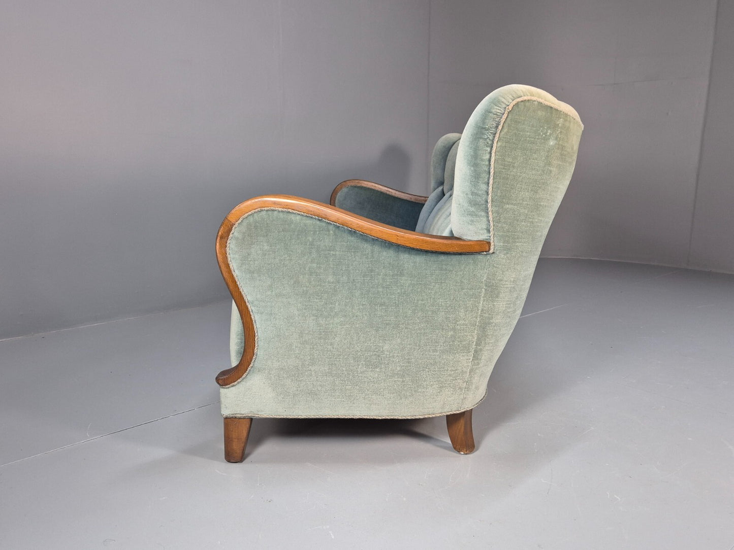 Vintage Danish Art Deco Sofa Blue Velvet Velour Oak Frame Shell Back EB9591 V3SS - UKDK FURNITURE