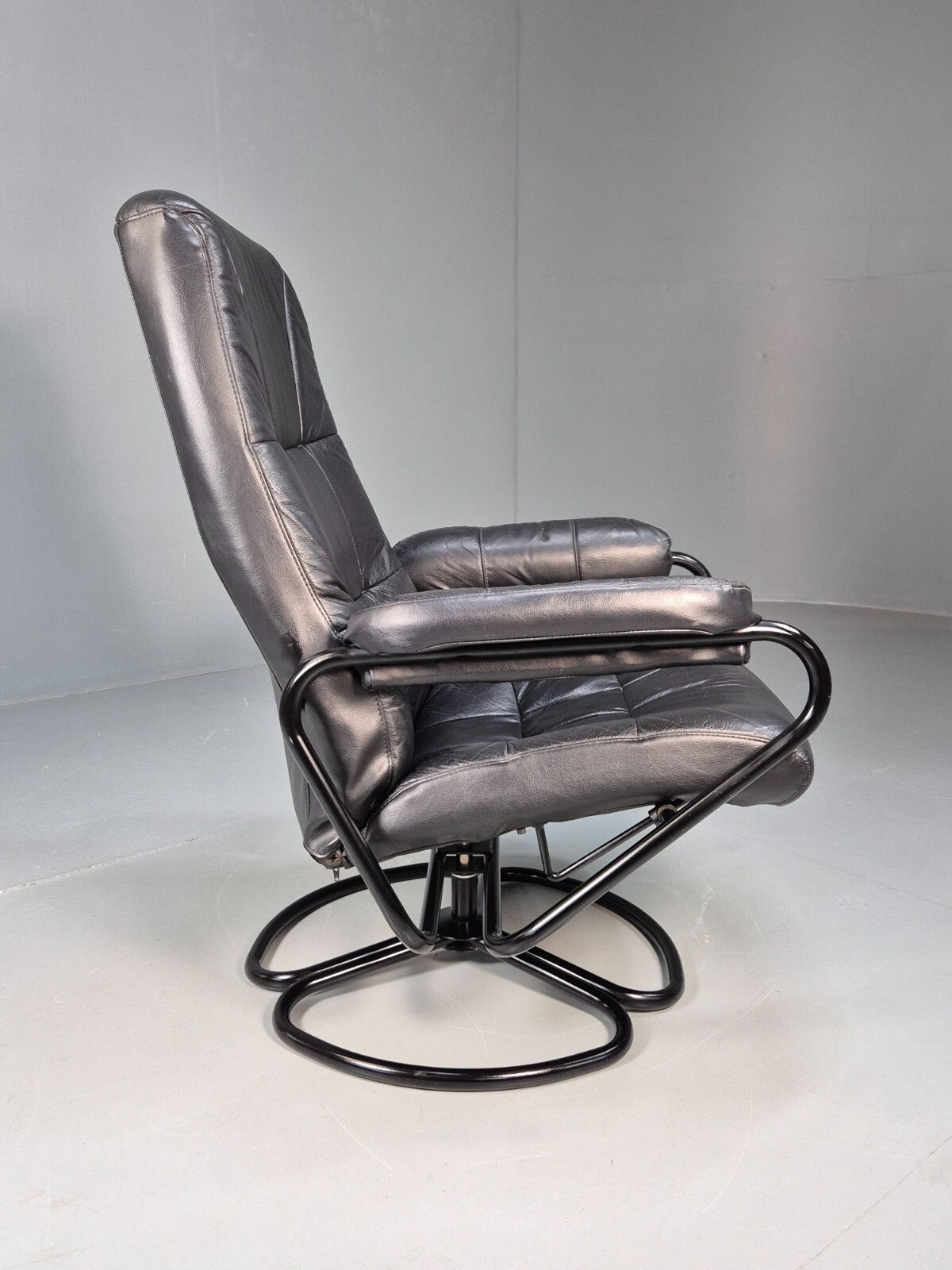 Vintage Danish Black Leather Vinyl Swivel Recline Chair 1980s Retro EB9311 MSWI - UKDK FURNITURE